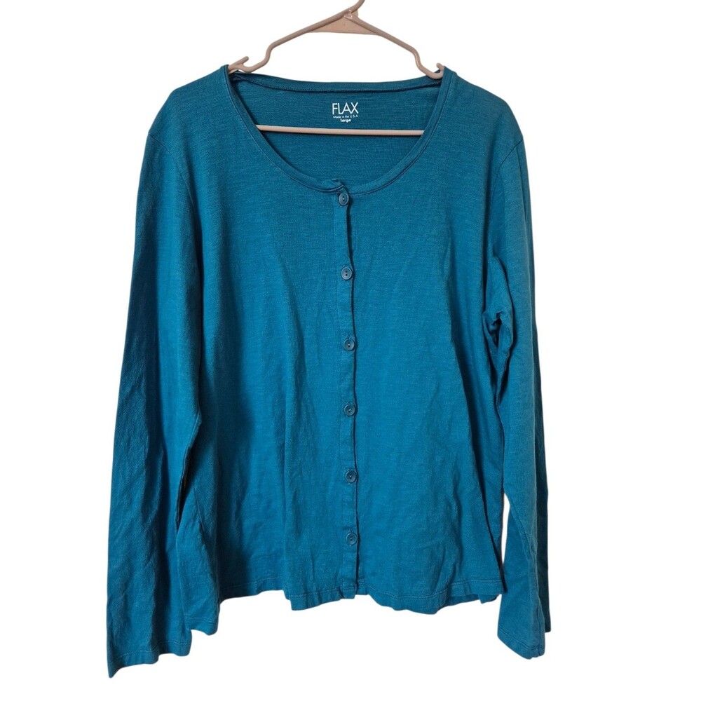 Flax Womens Large Cotton Cardigan Teal Lagen Minimalist Closet Staple Work